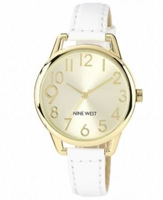 Nine West Ladies white leather strap with yellow gold tone case watch