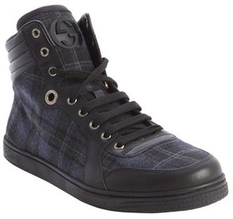 Gucci blue and black plaid canvas and leather high top sneakers