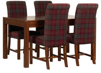 Debenhams Acacia 'Kerala' extending dining table and set of 4 red tartan upholstered 'Elba' chairs