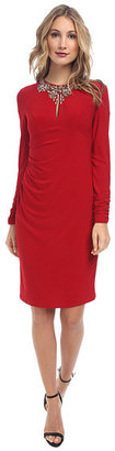 Vince Camuto Long Ruched Sleeve Dress w/ Keyhole Neck & Extravagent Beading