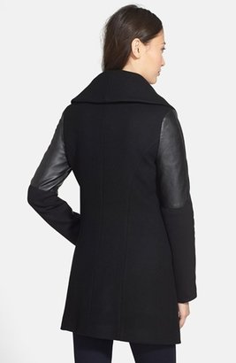 Dawn Levy DL2 by 'Cece' Faux Leather Sleeve Wool & Cashmere Coat