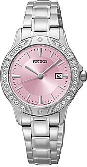 Seiko Womens Crystal-Accent Pink Dial Stainless Steel Bracelet Watch SUR869
