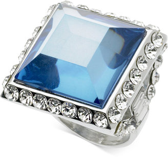GUESS Silver-Tone Blue Stone and Crystal Square Ring
