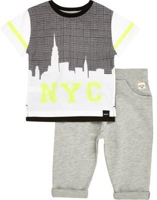 River Island Mini boys white NYC t-shirt and jogger outfit