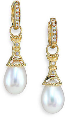 Jude Frances Classic 9MM-15MM White Freshwater Pearl, Diamond & 18K Yellow Gold Lattice Teardrop Earring Charms