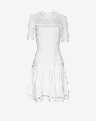 Herve Leger Mesh Detail Short Sleeve Flare Dress: White