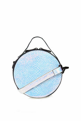 Topshop Round coin bag in iridescent faux snakeskin finish. features zip-around fastening, grab handle and long adjustable shoulder strap. h: 15cm, w: 15cm. 100% polyurethane. specialist clean only.