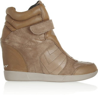 DKNY Heath leather and suede wedge sneakers