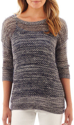 Liz Claiborne 3/4-Sleeve Open-Front Marled Sweater