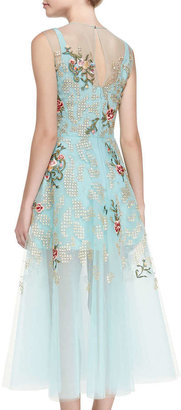 Oscar de la Renta Floral Embroidered Cocktail Dress, Aquamarine