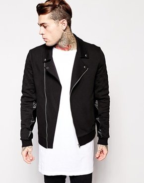 ASOS Biker Jacket In Jersey With Leather Look Panels & Quilted Sleeves - black