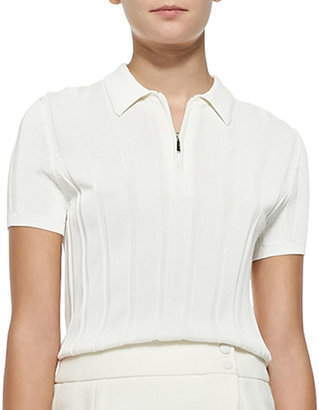 Jason Wu Ribbed Knit Polo Top with Zip, Chalk