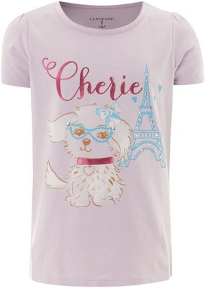 Lands' End Girl`s picot trim fluffy dog graphic t-shirt