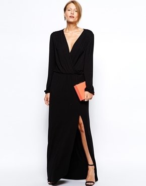 Love Plunge Wrap Front Maxi Dress with Thigh Split - Black