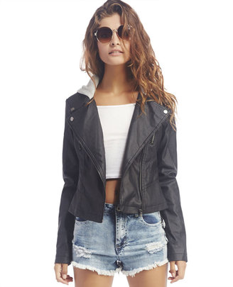 Wet Seal Hooded Faux Leather Moto Jacket