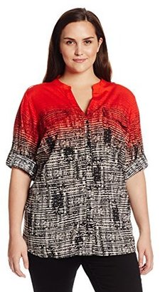 Calvin Klein Women's Plus-Size Printed Crew-Neck with Roll-Sleeve Top