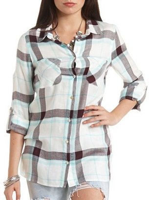 Charlotte Russe Button-Up Plaid Tunic Top