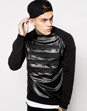 ASOS Sweatshirt With Embroidery And Leather Look Panel