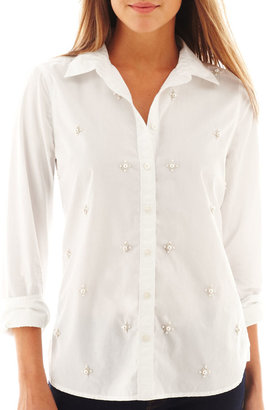 JCPenney jcp™ Long-Sleeve Embellished Poplin Shirt