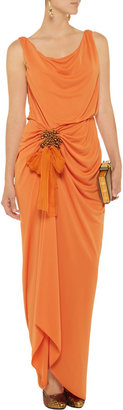 Mikael Aghal Bead-embellished ruched stretch-knit gown