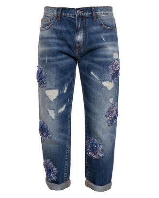 MSGM Distressed Jeans with Floral Embroidery