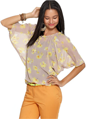 Bar III Top, Scoop Neck Short Sleeve Floral Printed Tie Bubble Chiffon Blouse