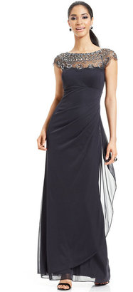 Xscape Evenings Cap-Sleeve Illusion Beaded Gown