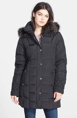 Betsey Johnson Faux Fur Trim Hooded Quilted Walking Coat
