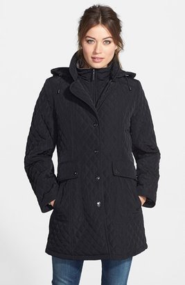 Gallery Hooded Snap Front Quilted Coat with Inset Bib (Online Only)