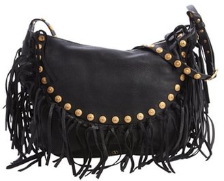 Valentino black leather studded fringe shoulder bag
