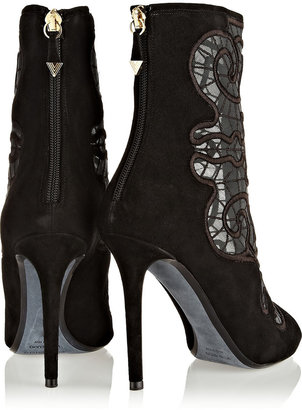 Nicholas Kirkwood Embroidered mesh and suede peep-toe ankle boots
