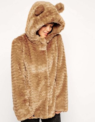 ASOS COLLECTION Faux Fur Hooded Coat With Animal Ears