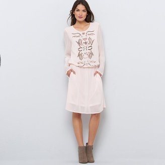 Soft Grey Long-Sleeved Crêpe Dress Embroidered with Sequins and Beads