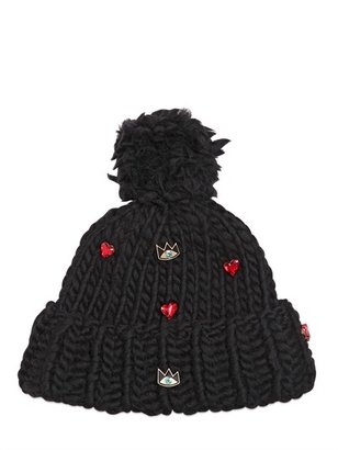 Wool Beanie Hat W/ Eye & Heart Pins
