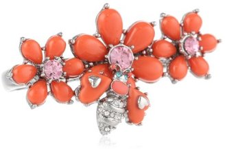 Betsey Johnson Iconic Coral" Glam Flower and Bee Two-Finger Shank Ring, Size 7.5