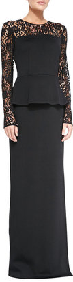 St. John Double-Face Satin Crepe Gown with Lace Sleeves, Caviar