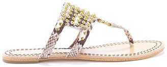 Cynthia Vincent Lux Studded Embroidered Snake Leather Thong Sandal