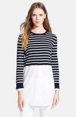Theory 'Rymalia' Stripe Crop Cotton & Cashmere Sweater with Poplin Underlay