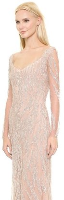 Reem Acra Embroidered Illusion Swirl Gown