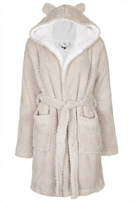 Topshop Super-soft textured robe with extra thick fluffy lining and hood with teddy bear ear detail. 100% polyester. machine washable.
