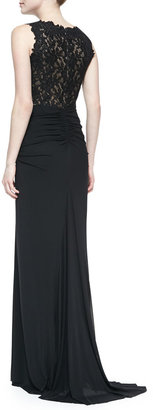 Tadashi Shoji Sleeveless Lace-Bodice Gown with Draped Skirt, Black