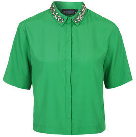 Topshop Womens Embellished Collar Shirt - Green