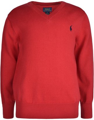 Ralph Lauren Boys Red V Neck Sweater With Suede Elbow Patches