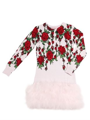 Miss Blumarine Rose Printed Sweater Dress W/ Feathers