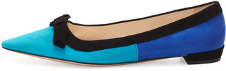 Prada Suede Tricolor Pointed-Toe Ballet Flat with Bow, Turquoise/Blue