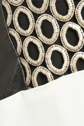 Reed Krakoff Paneled eyelet-lace, twill and leather dress