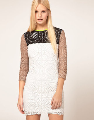 MSGM Three Color Lace Dress With Neon Trim