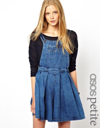 ASOS PETITE Denim Pinafore Dress with Pleated Skirt in Vintage Wash
