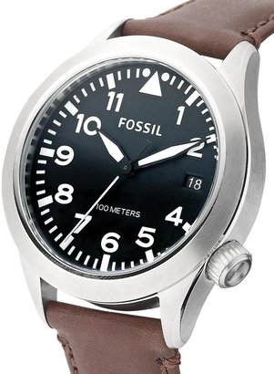 Fossil Mens Aeroflite Black Dial Stainless Steel Case and Brown Leather Strap Watch