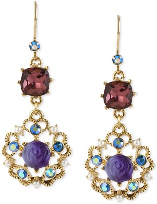 Betsey Johnson Antique Gold-Tone Flower Medallion Crystal Drop Earrings
